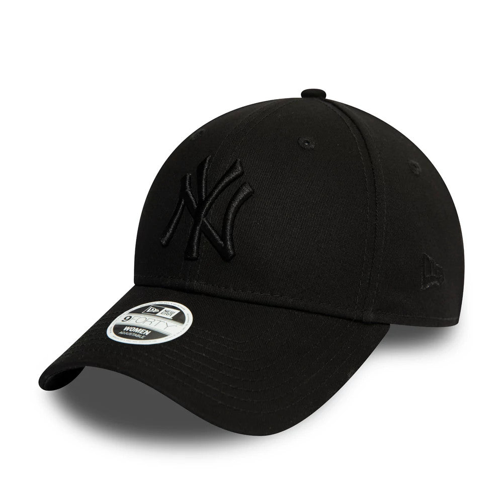 New York Yankees Essential Womens All Black New Era 9FORTY Cap, three-quarter view showing the raised black NY logo on the front panel, a curved visor with a 9FORTY size sticker, and New Era flag logo on the left side.