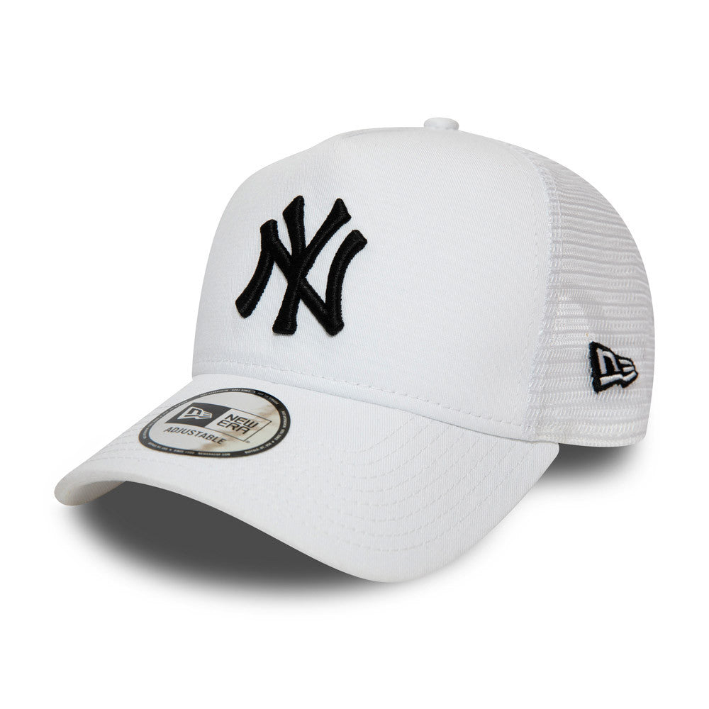 New York Yankees White A-Frame Trucker Cap, front view with black raised embroidery NY logo on the front panel, white mesh sides, a white visor with a New Era 9FORTY size sticker, and top button.