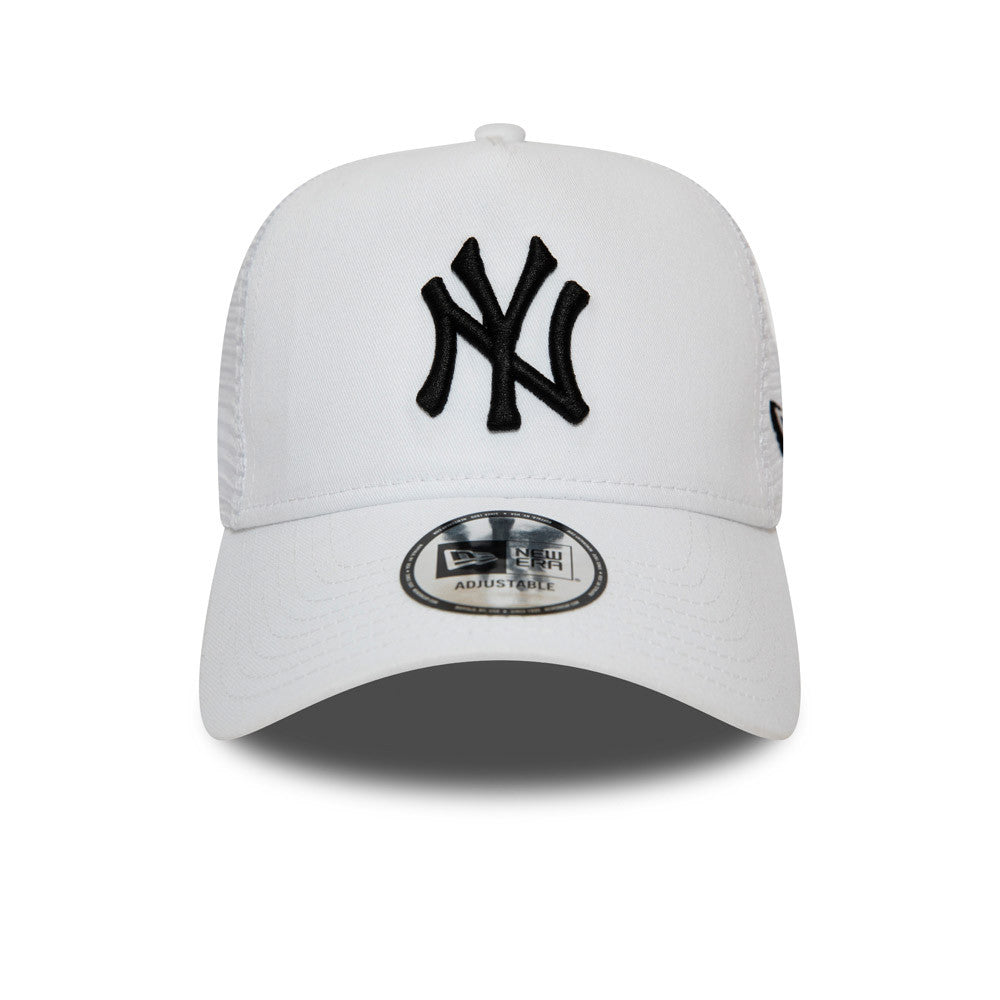 New York Yankees White A-Frame New Era Trucker Cap, front view showing the raised black NY logo on the front panel and the 9FORTY size sticker on the curved white visor with mesh side panels.