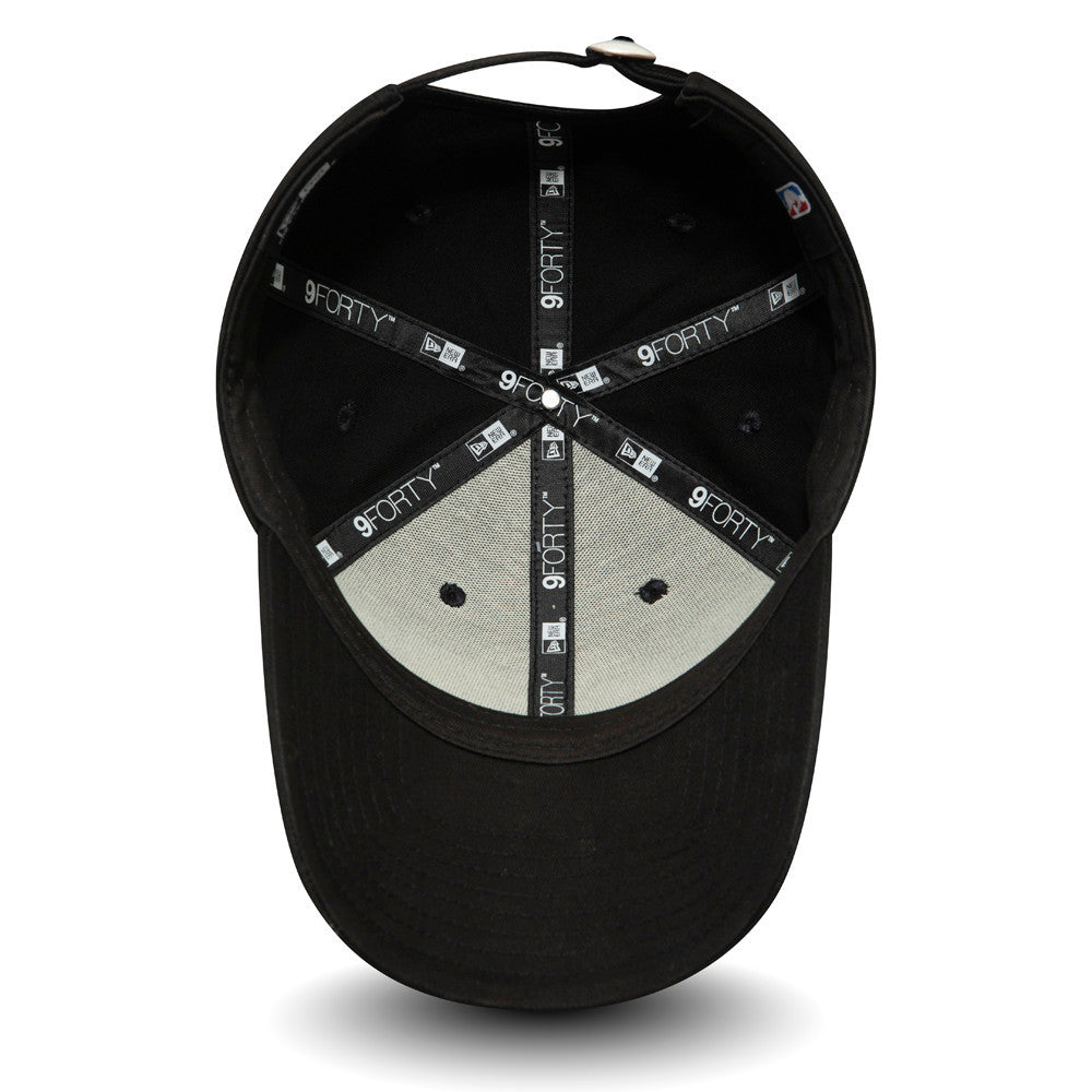 LA Lakers Essential Outline Black New Era 9FORTY Cap, inside view showing the grey undervisor with black 9FORTY taping across the crown panels, featuring the New Era logo and size tag near the back strap.