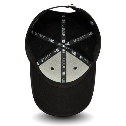 LA Lakers Essential Outline Black New Era 9FORTY Cap, inside view showing the grey undervisor with black 9FORTY taping across the crown panels, featuring the New Era logo and size tag near the back strap.