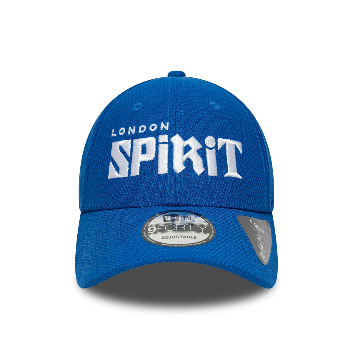 London Spirit The Hundred 2025 Diamond Era Blue New Era 9FORTY Cap, front view showing the raised white embroidered logo on the structured blue crown, complete with a 9FORTY size sticker on the visor.