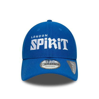 London Spirit The Hundred 2025 Diamond Era Blue New Era 9FORTY Cap, front view showing the raised white embroidered logo on the structured blue crown, complete with a 9FORTY size sticker on the visor.