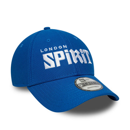 London Spirit The Hundred 2025 Diamond Era Blue New Era 9FORTY Cap, front view with raised white embroidered logo on the structured blue crown, curved visor and 9FORTY size sticker on top of the visor.