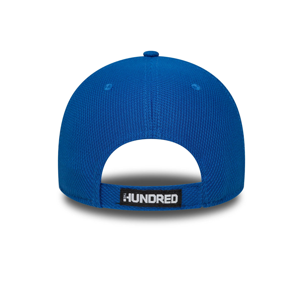 London Spirit The Hundred 2025 Diamond Era Blue New Era 9FORTY Cap, rear view showing The Hundred wordmark in white and black on a fabric strap, with a blue top button and eyelets on the textured crown.