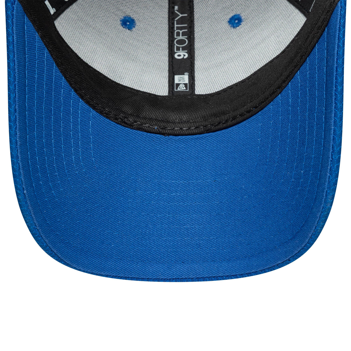 London Spirit The Hundred 2025 Diamond Era Blue New Era 9FORTY Cap, inside view showing black sweatband, taping with 9FORTY logo, and blue undervisor with matching eyelets against a grey interior fabric.