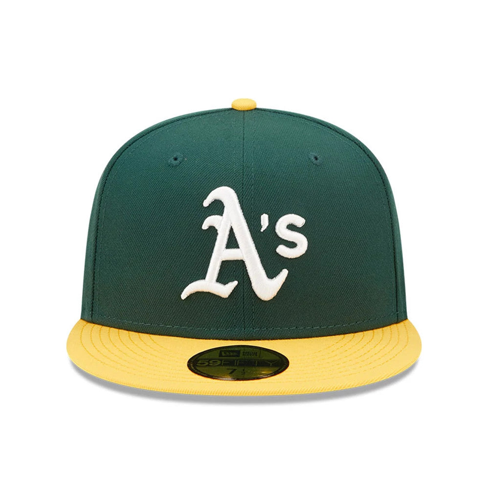 MLB Athletics Authentic On Field Dark Green New Era 59FIFTY Fitted Cap, front view showing white raised embroidery of the A's logo on the dark green crown, finished with a contrasting yellow visor and a gold 59FIFTY size sticker.