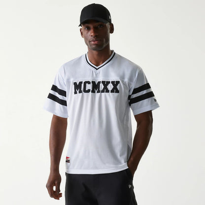 The Male model is wearing New Era Retro Sports White Mesh Jersey 1