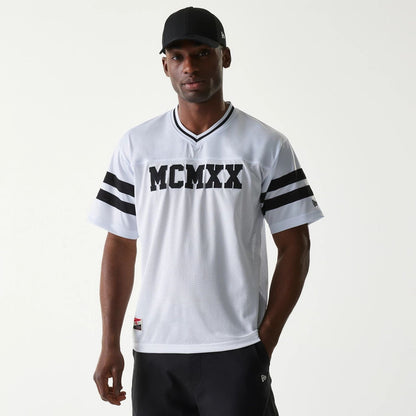 The Male model is wearing New Era Retro Sports White Mesh Jersey 1
