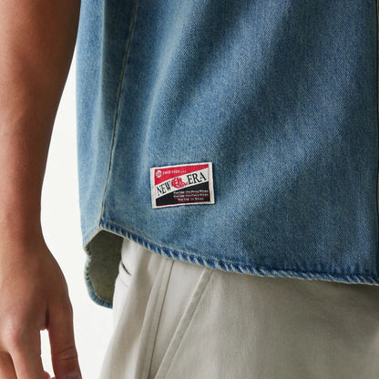 The Male model is wearing New Era Retro Baseball Blue Short Sleeve Shirt 4