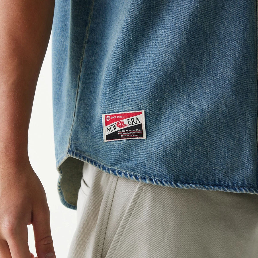 The Male model is wearing New Era Retro Baseball Blue Short Sleeve Shirt 4