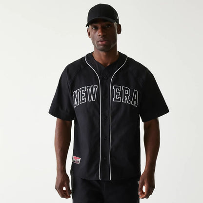The Male model is wearing New Era Retro Baseball Black Short Sleeve Shirt 1
