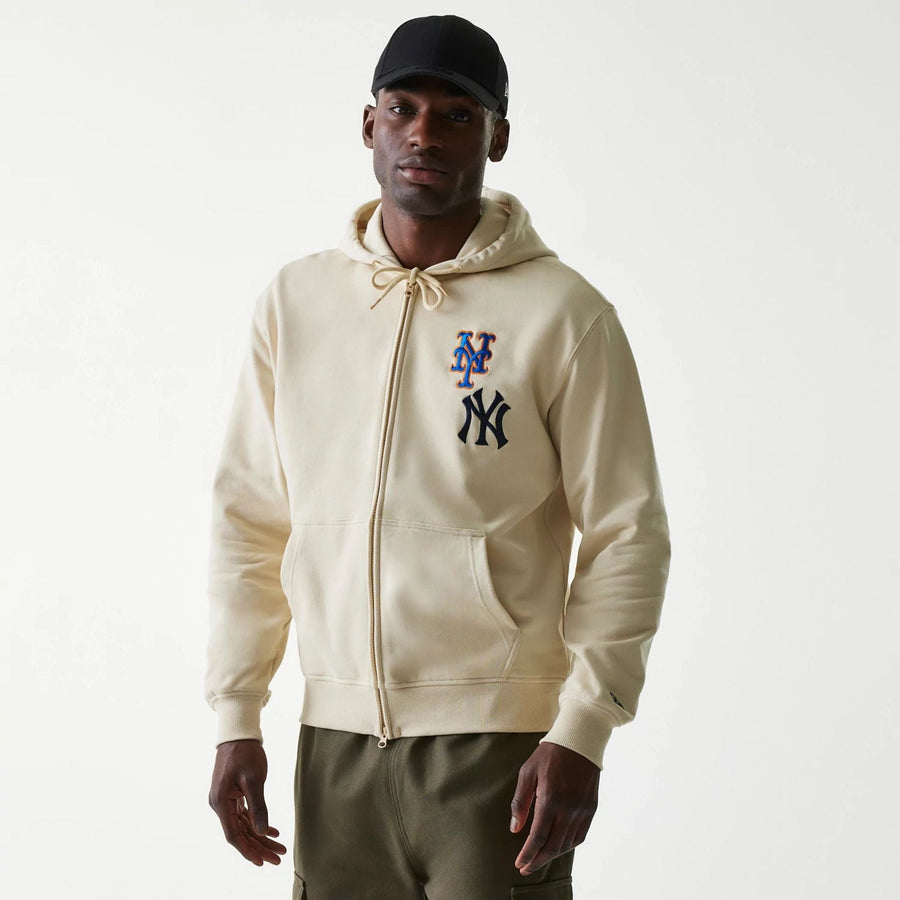 The Male model is wearing MLB Subway Series Beige Zip Front Hoodie 1