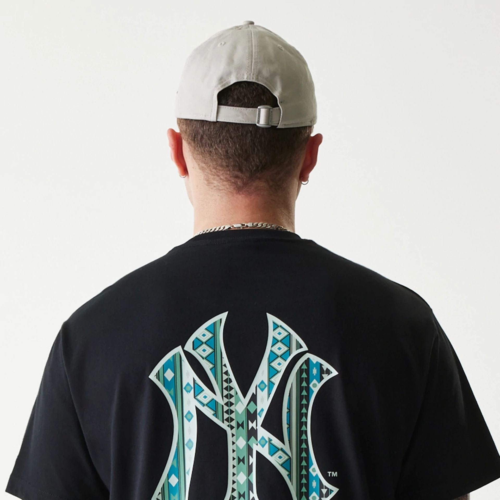 The Male model is wearing New York Yankees MLB Navajo Pattern Black T-Shirt 6