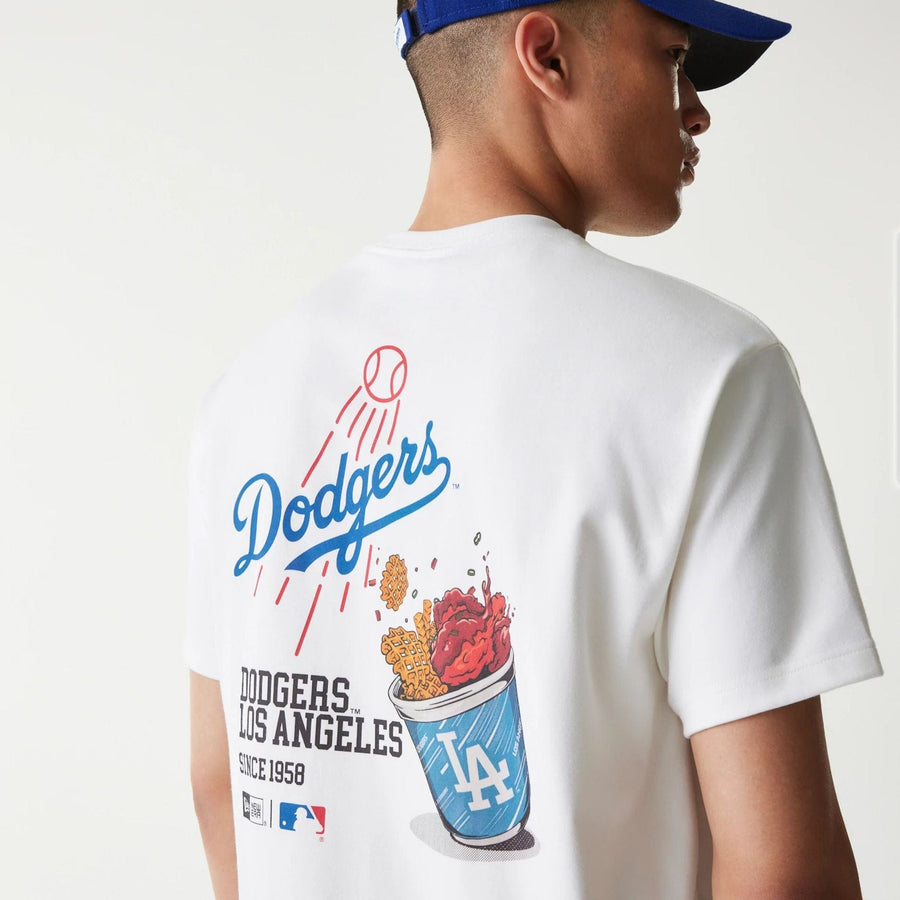 The Male model is wearing LA Dodgers MLB Cheering Food White T-Shirt 5