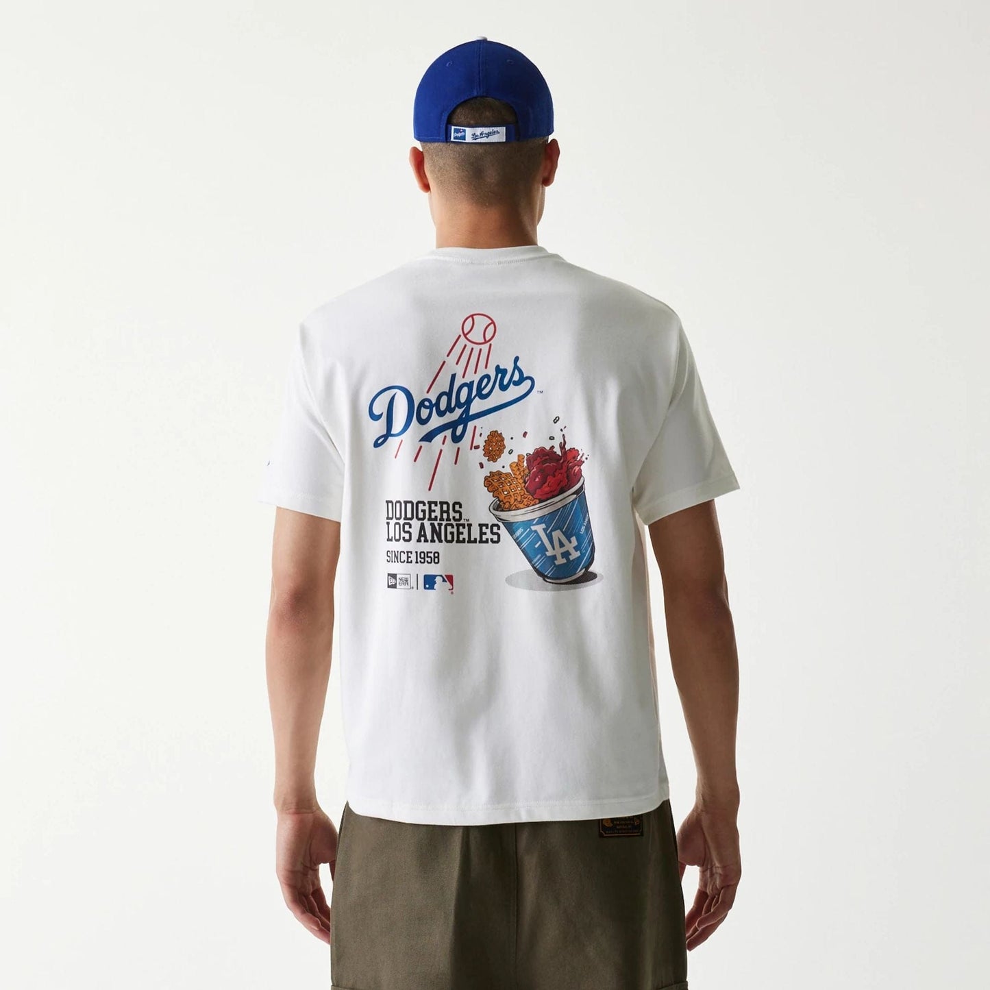 The Male model is wearing LA Dodgers MLB Cheering Food White T-Shirt 2