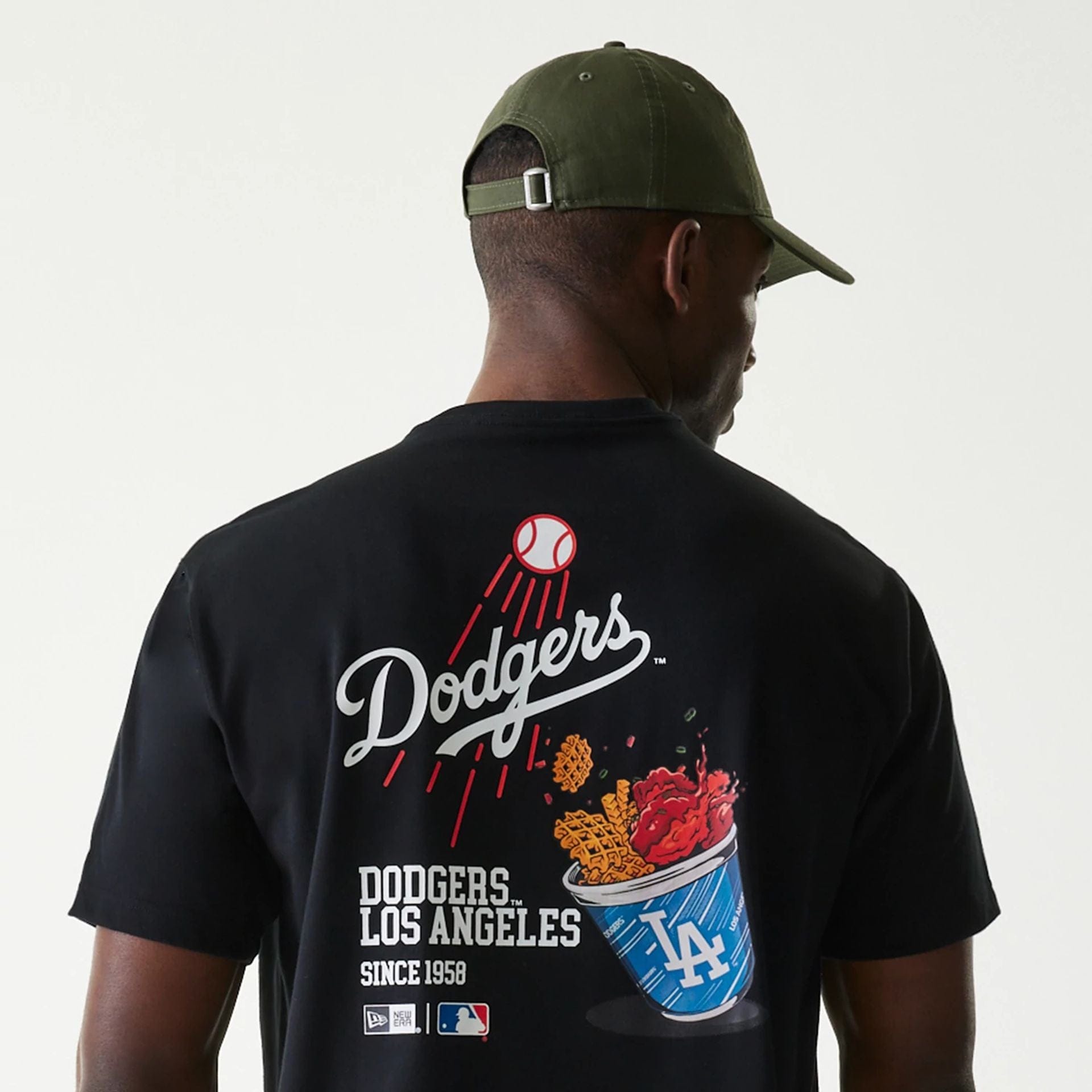 The Male model is wearing LA Dodgers MLB Cheering Food Black T-Shirt 6