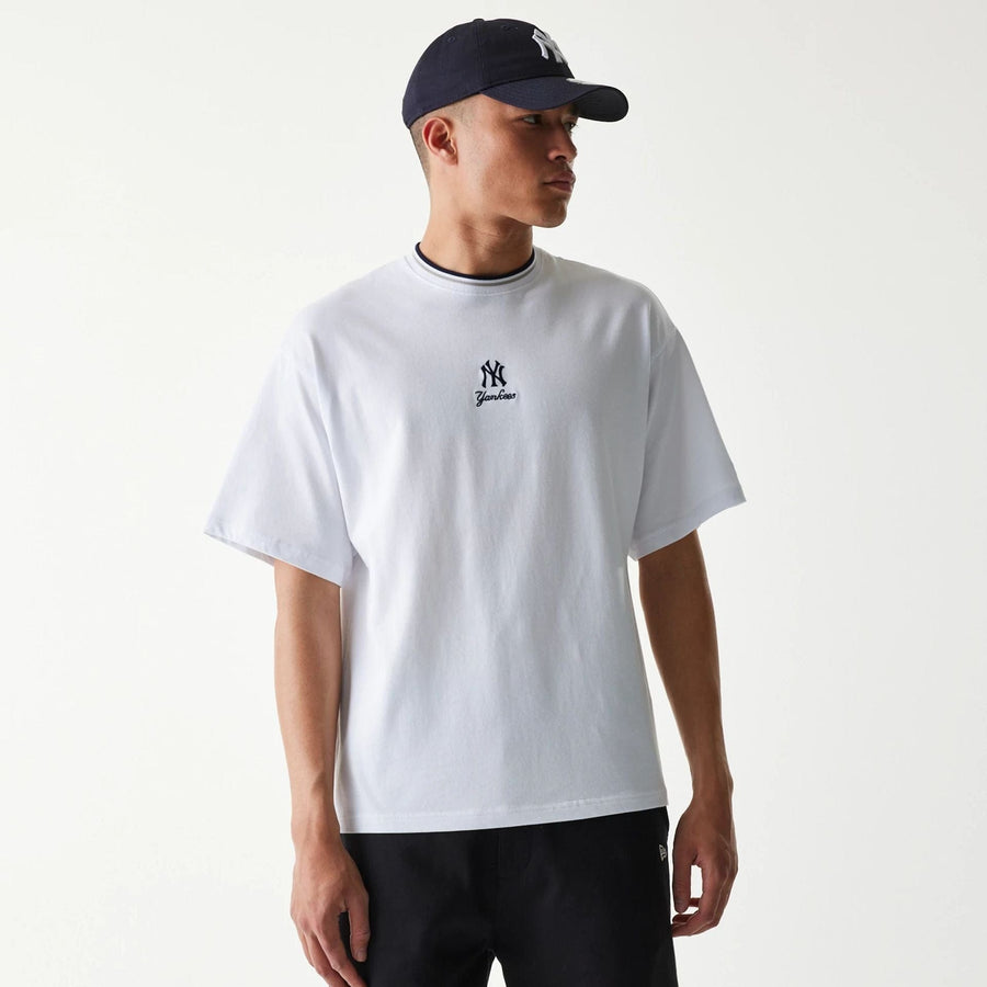 The Male model is wearing New York Yankees MLB Mini Embroidery White T-Shirt 1