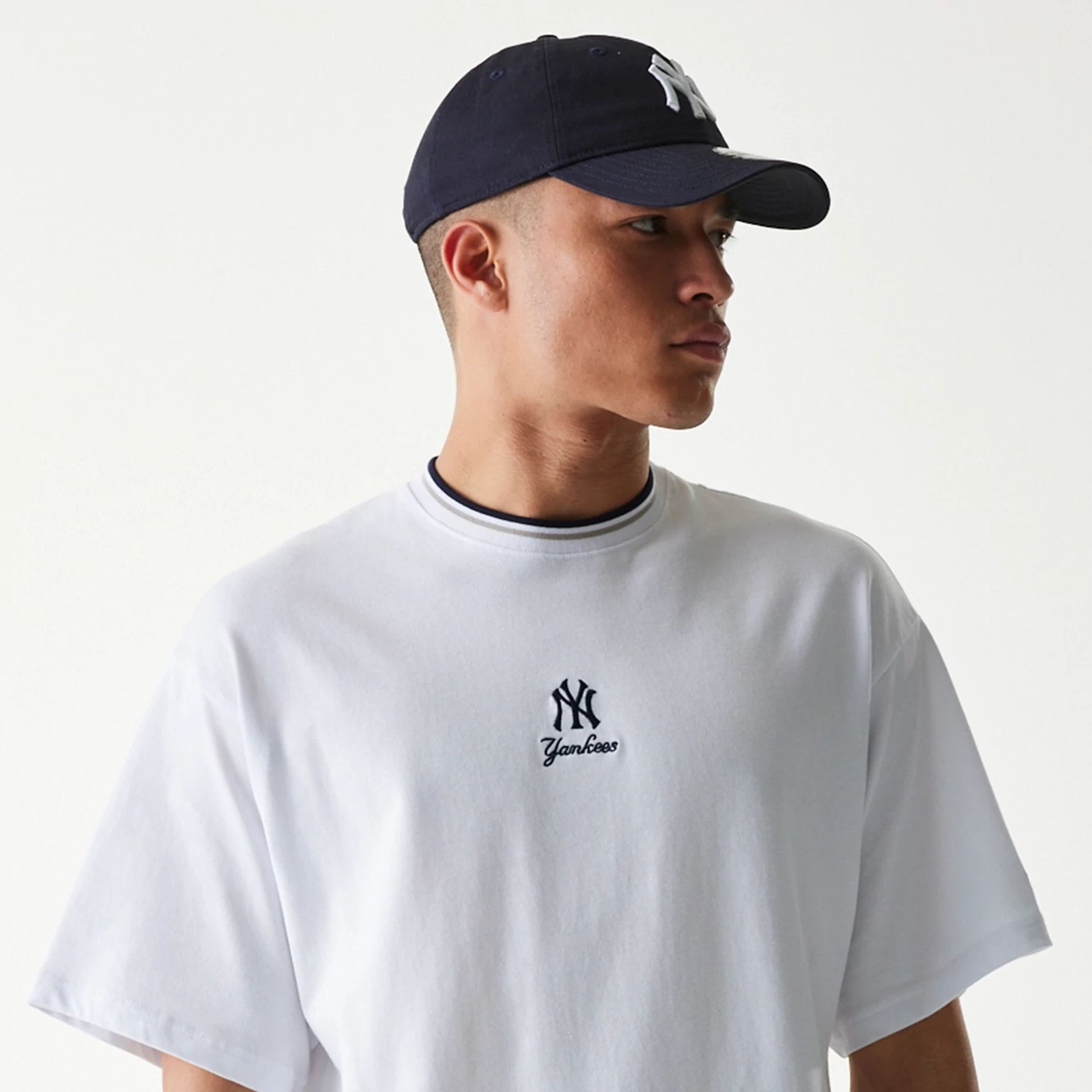 The Male model is wearing New York Yankees MLB Mini Embroidery White T-Shirt 4