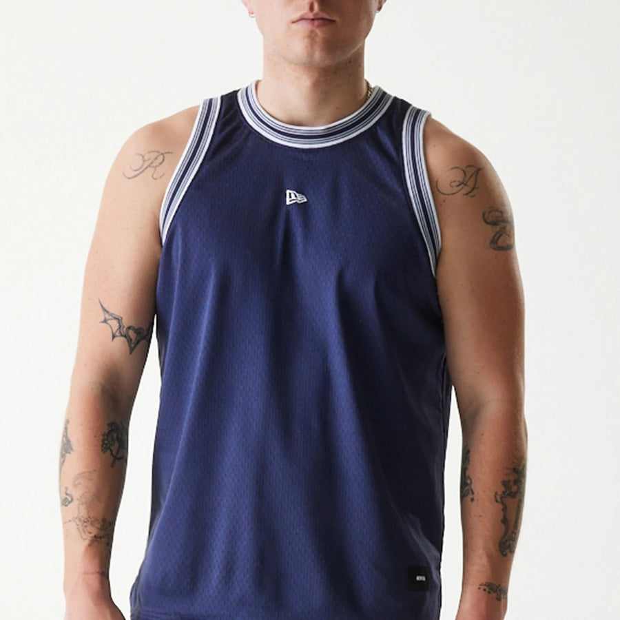 The Male model is wearing New Era Japan Mesh Navy Sleeveless T-Shirt 3