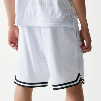 New Era Japan Mesh White Shorts, rear view showing the relaxed fit white shorts with a perforated pattern, a striped black and white trim along the hem, and flat seams on the side and back.
