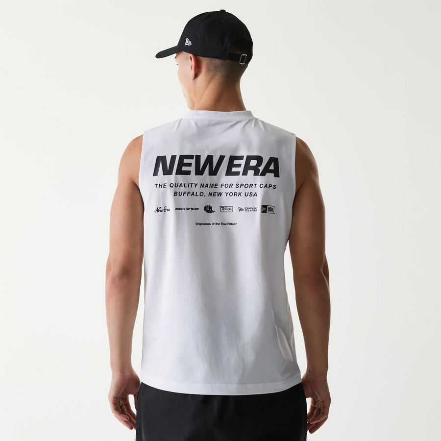 The Male model is wearing New Era Japan White Sleeveless T-Shirt 2