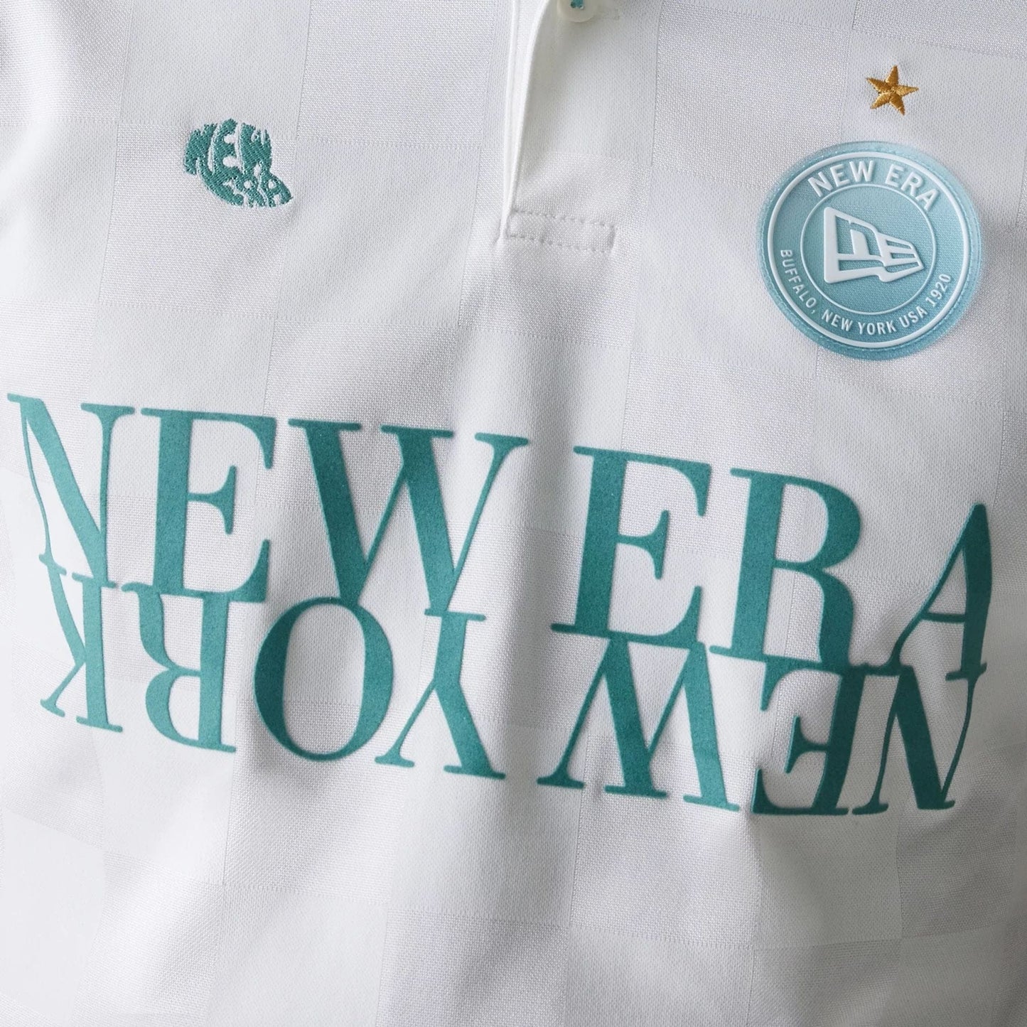 The Male model is wearing New Era Japan Grid White Polo T-Shirt 4