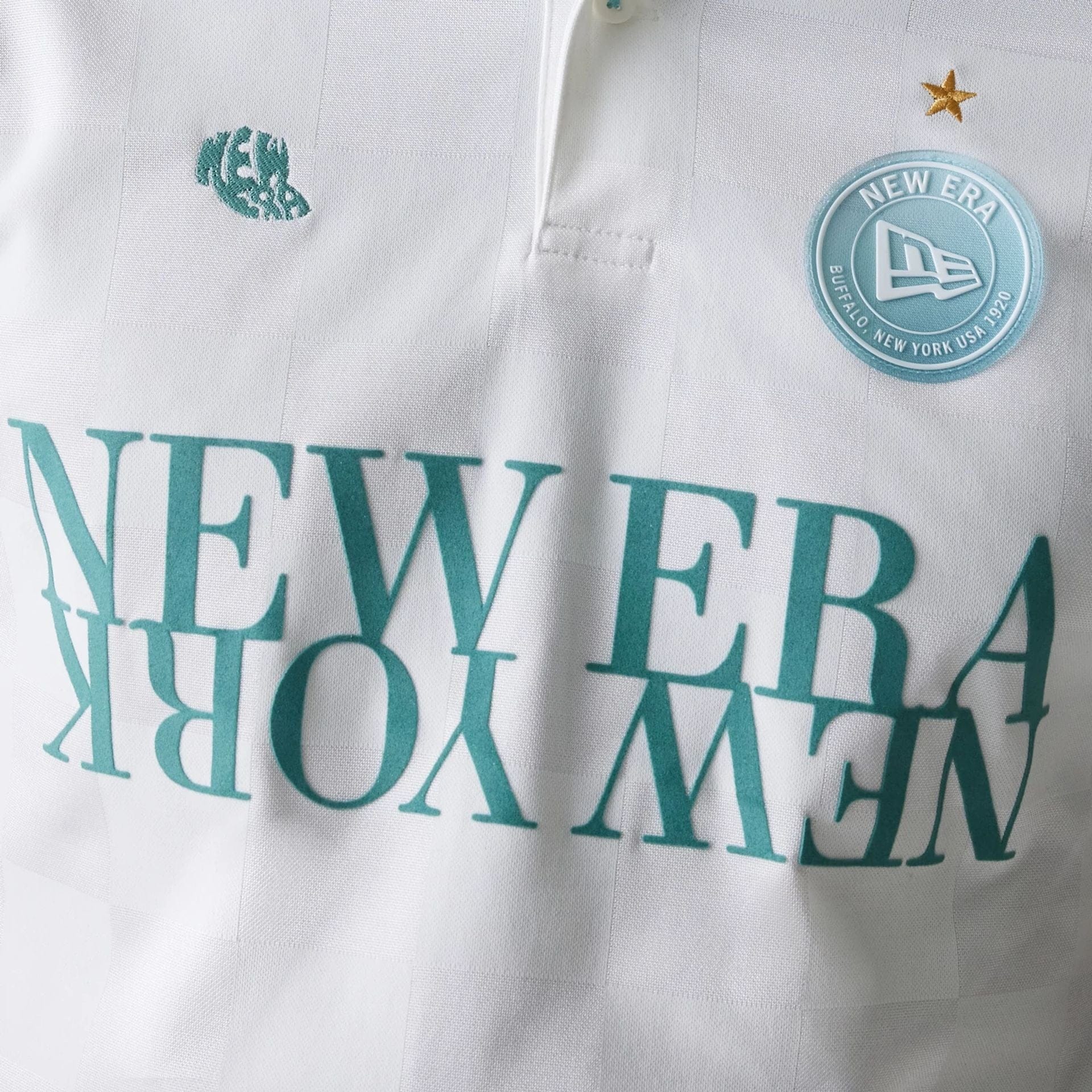 The Male model is wearing New Era Japan Grid White Polo T-Shirt 4