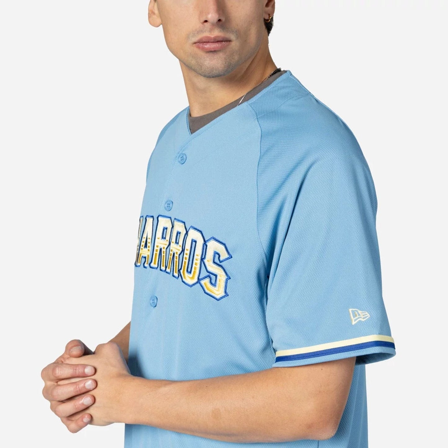 The Male model is wearing Charros De Jalisco Mexico LMB On Field Pastel Blue On-Field Jersey 5