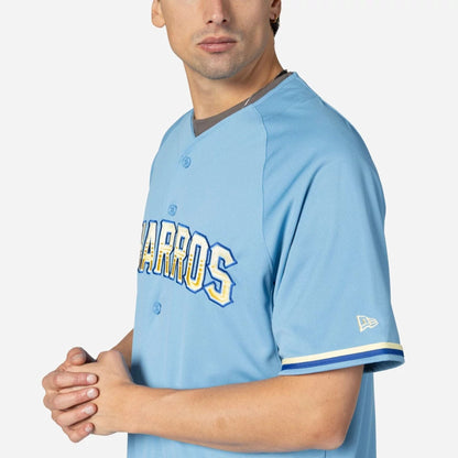The Male model is wearing Charros De Jalisco Mexico LMB On Field Pastel Blue On-Field Jersey 5