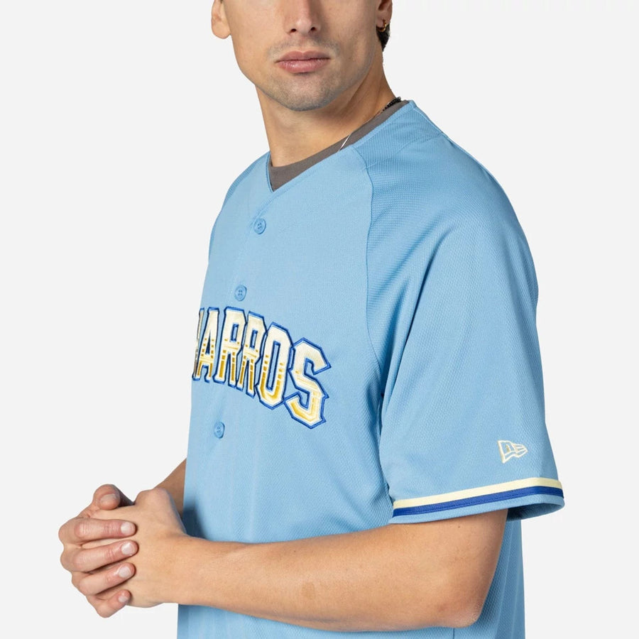 The Male model is wearing Charros De Jalisco Mexico LMB On Field Pastel Blue On-Field Jersey 5