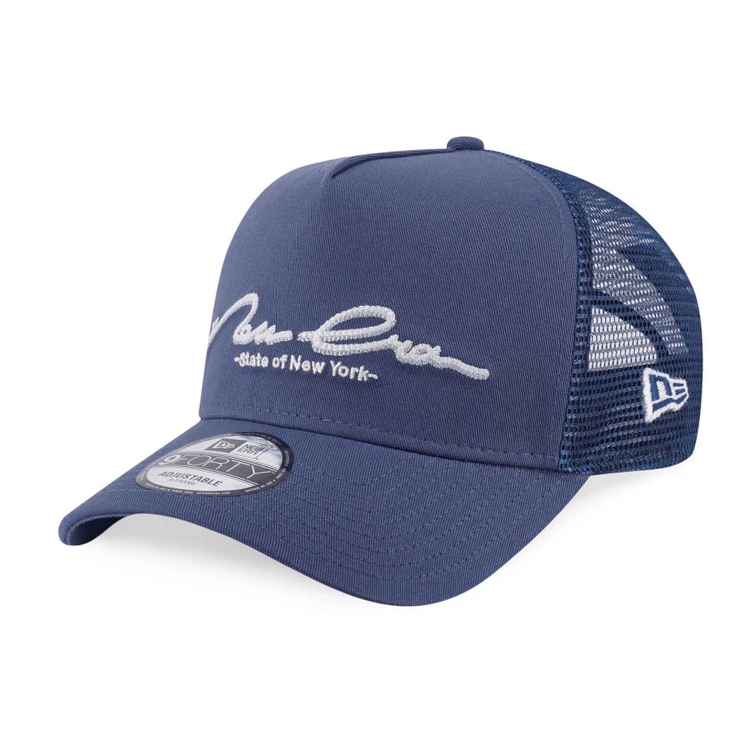 This is a New Era Basic Dark Blue 9FORTY A-Frame Trucker Adjustable Cap 1