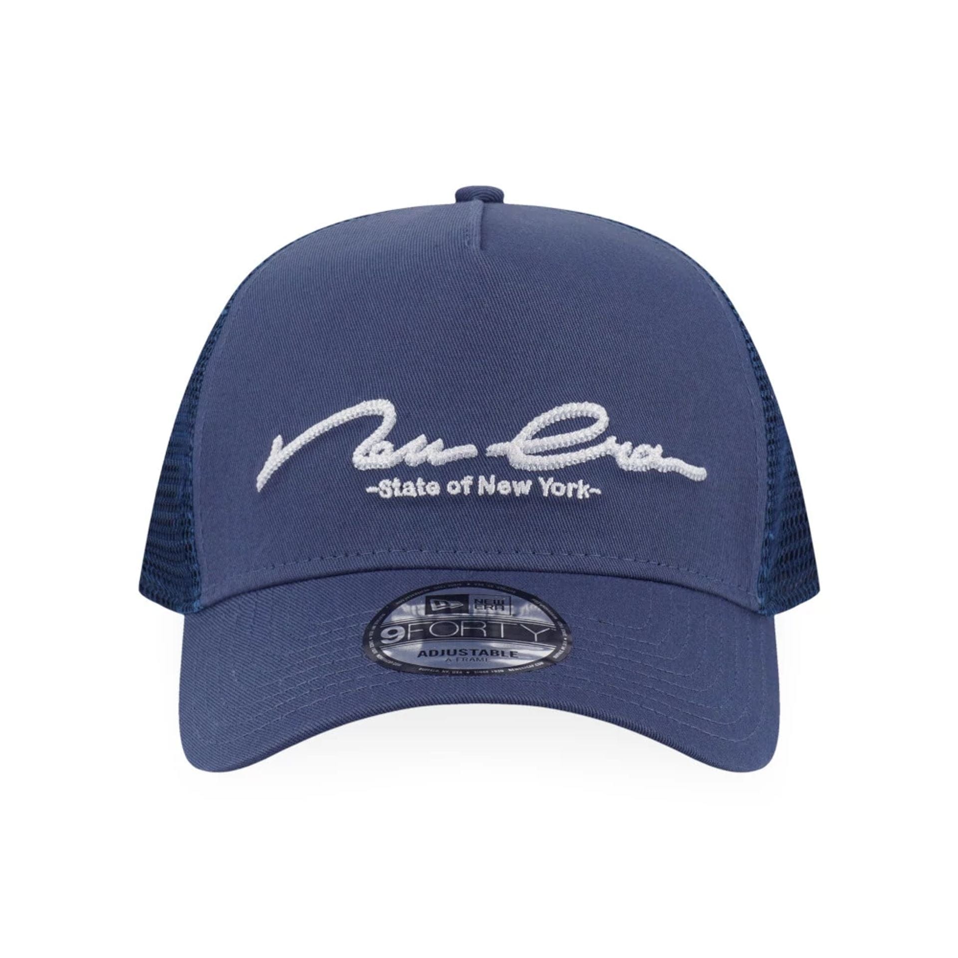 This is a New Era Basic Dark Blue 9FORTY A-Frame Trucker Adjustable Cap 2