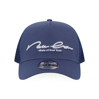 This is a New Era Basic Dark Blue 9FORTY A-Frame Trucker Adjustable Cap 2