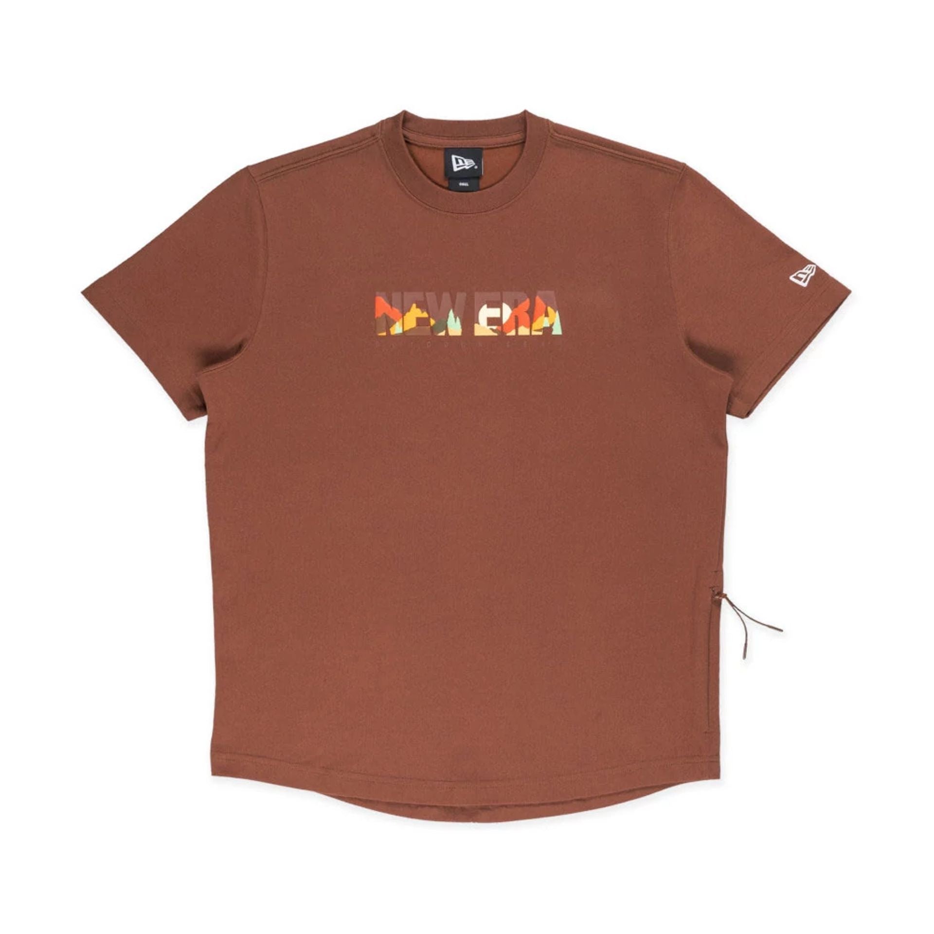 The model is wearing this New Era Mountain Logo T-Shirt in Open Brown. 1