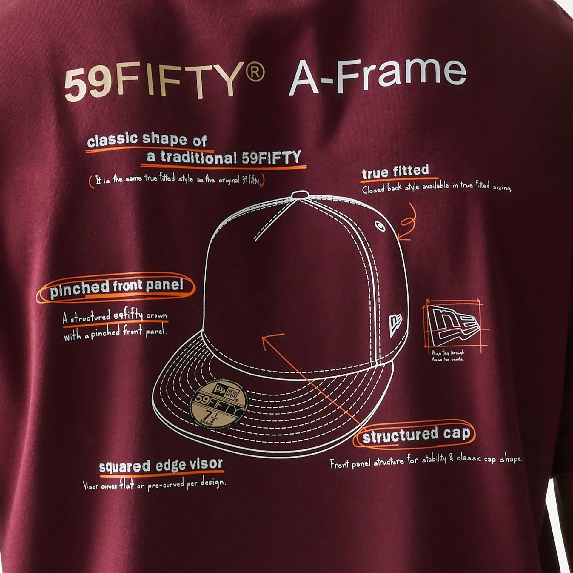 The Male model is wearing A-Frame 59FIFTY Fitted Cap Description Dark Red T-Shirt 6