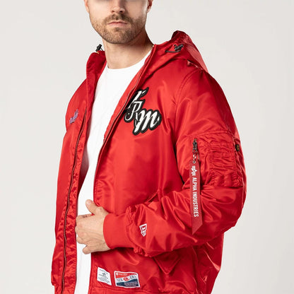 The Male model is wearing Mexico Diablos LMB X Alpha Red Jacket 3