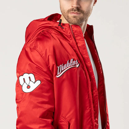 The Male model is wearing Mexico Diablos LMB X Alpha Red Jacket 4