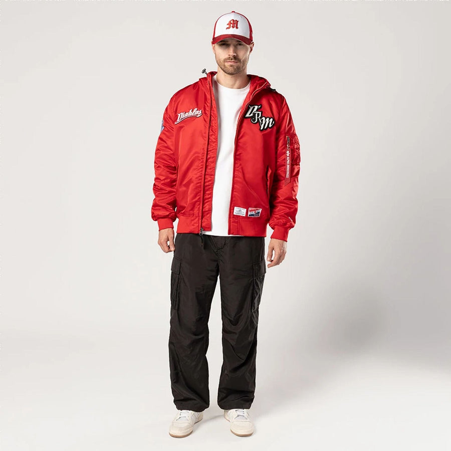 The Male model is wearing Mexico Diablos LMB X Alpha Red Jacket 7