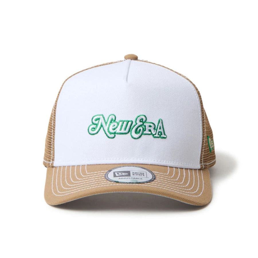 This is a New Era Archive Mix Logo Khaki 9FORTY A-Frame Trucker Adjustable Cap 2