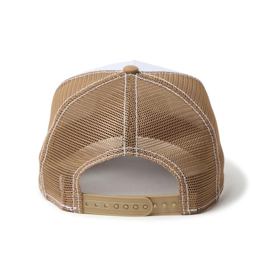 This is a New Era Archive Mix Logo Khaki 9FORTY A-Frame Trucker Adjustable Cap 3