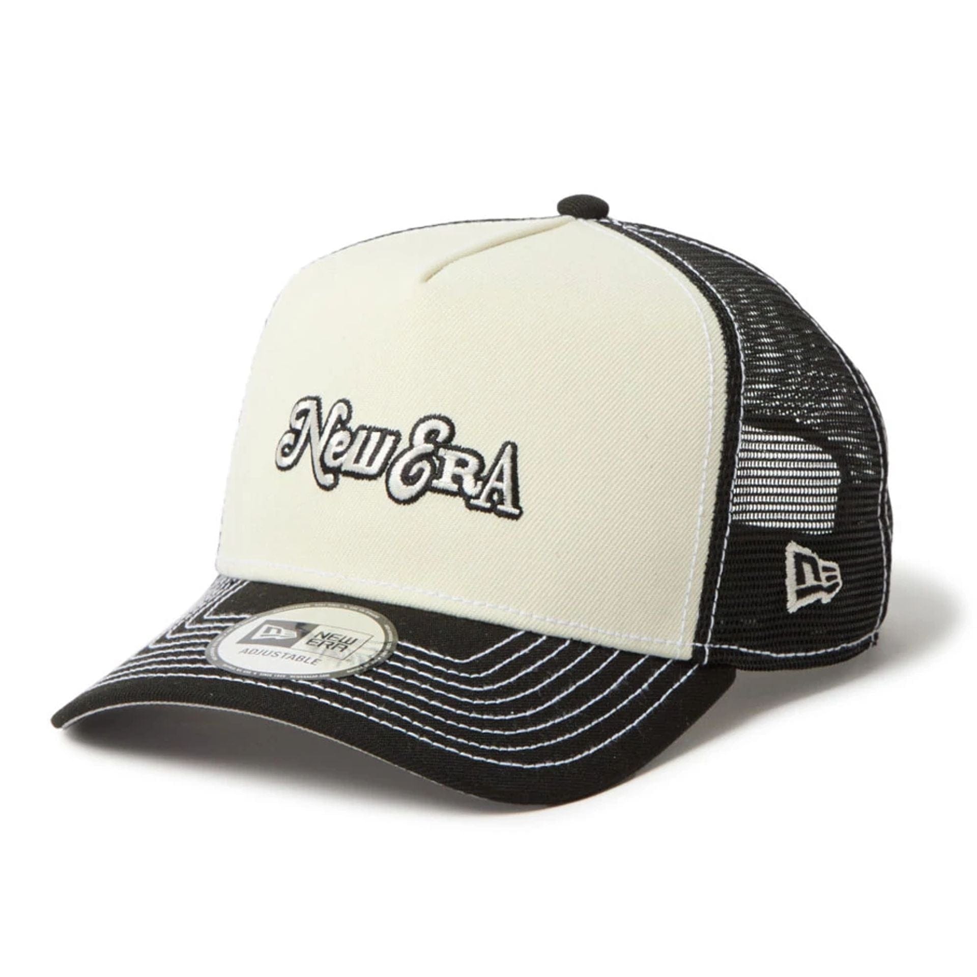 This is a New Era Archive Mix Logo Black 9FORTY A-Frame Trucker Adjustable Cap 1