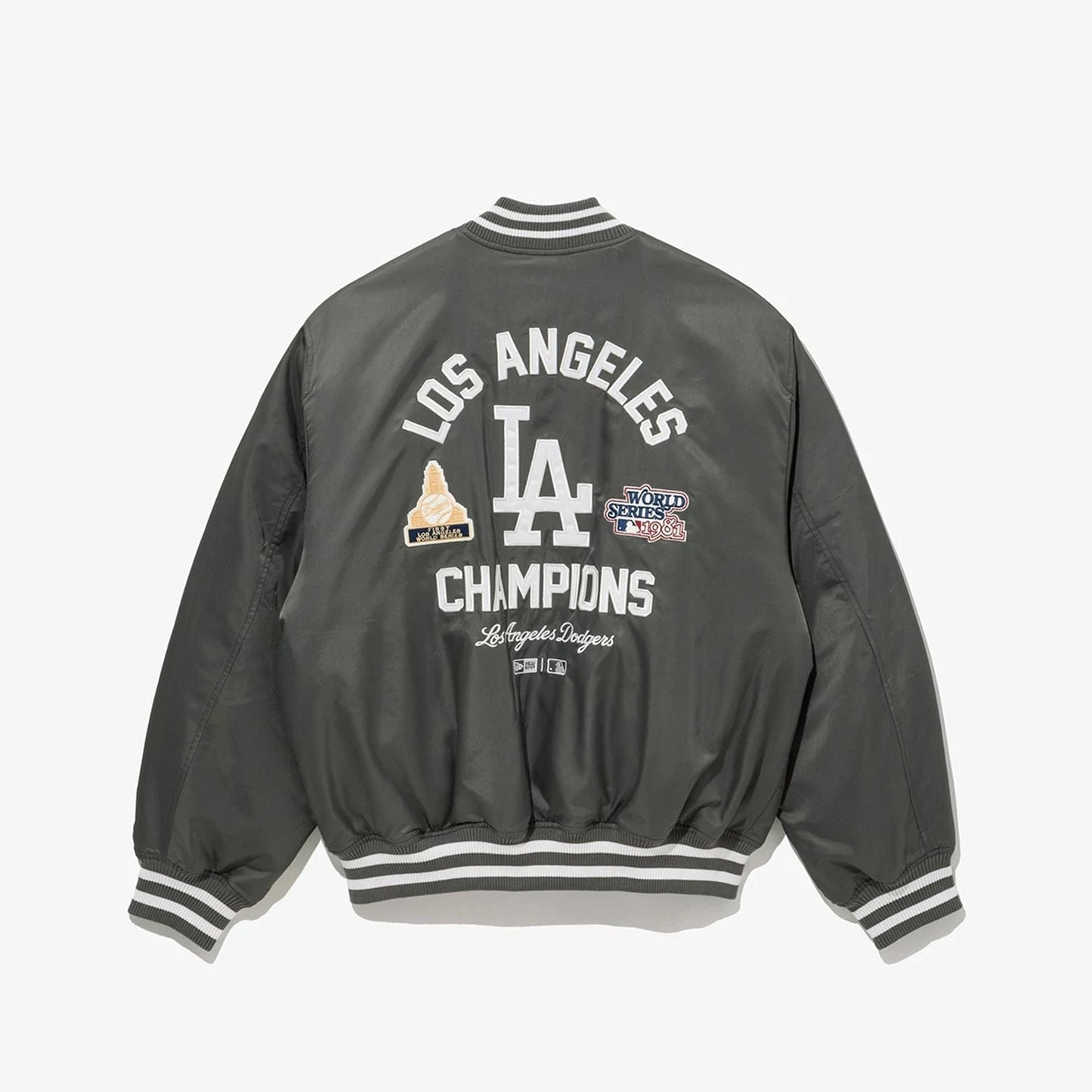 The Male model is wearing LA Dodgers MLB Grey Stadium Jacket  2
