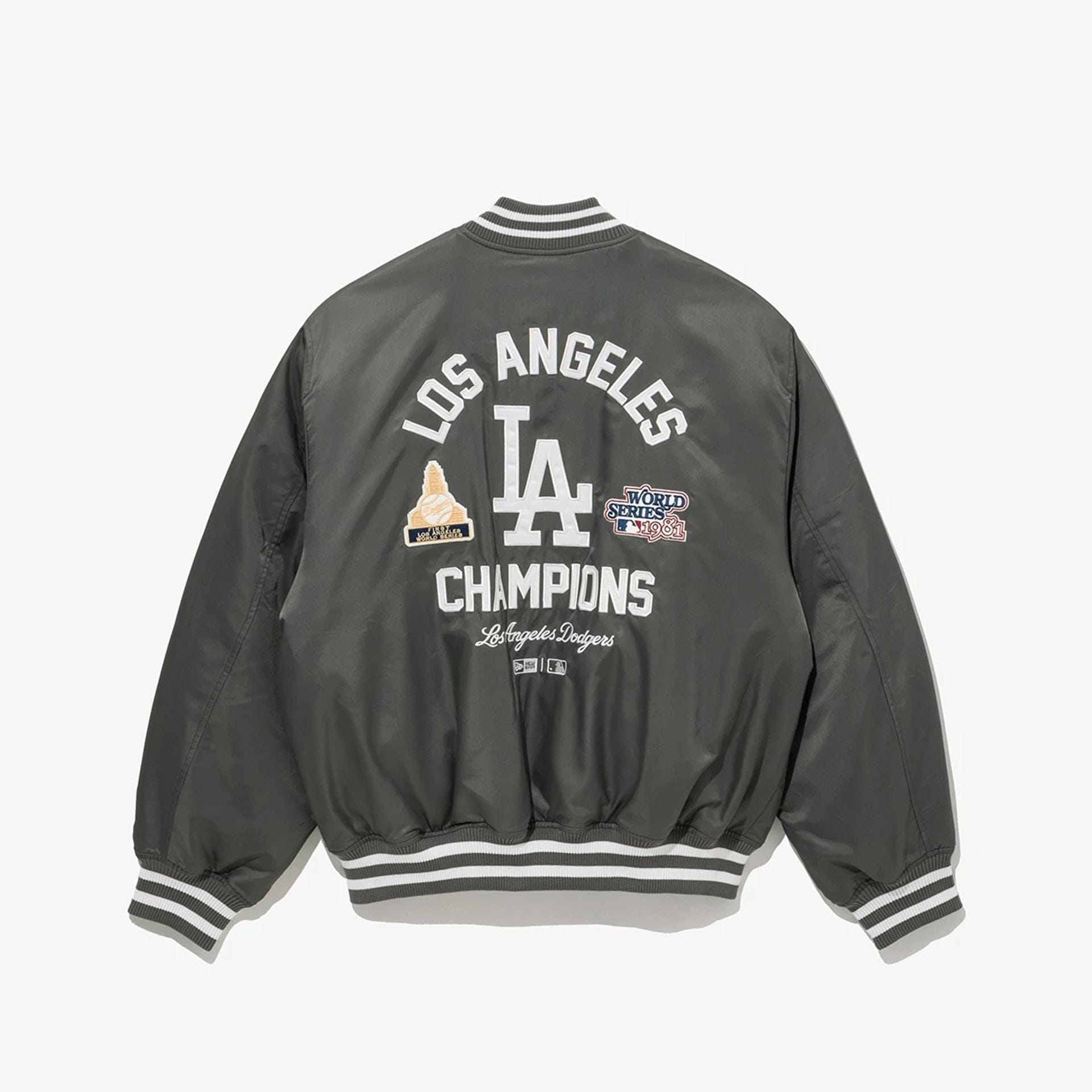 The Male model is wearing LA Dodgers MLB Grey Stadium Jacket  2