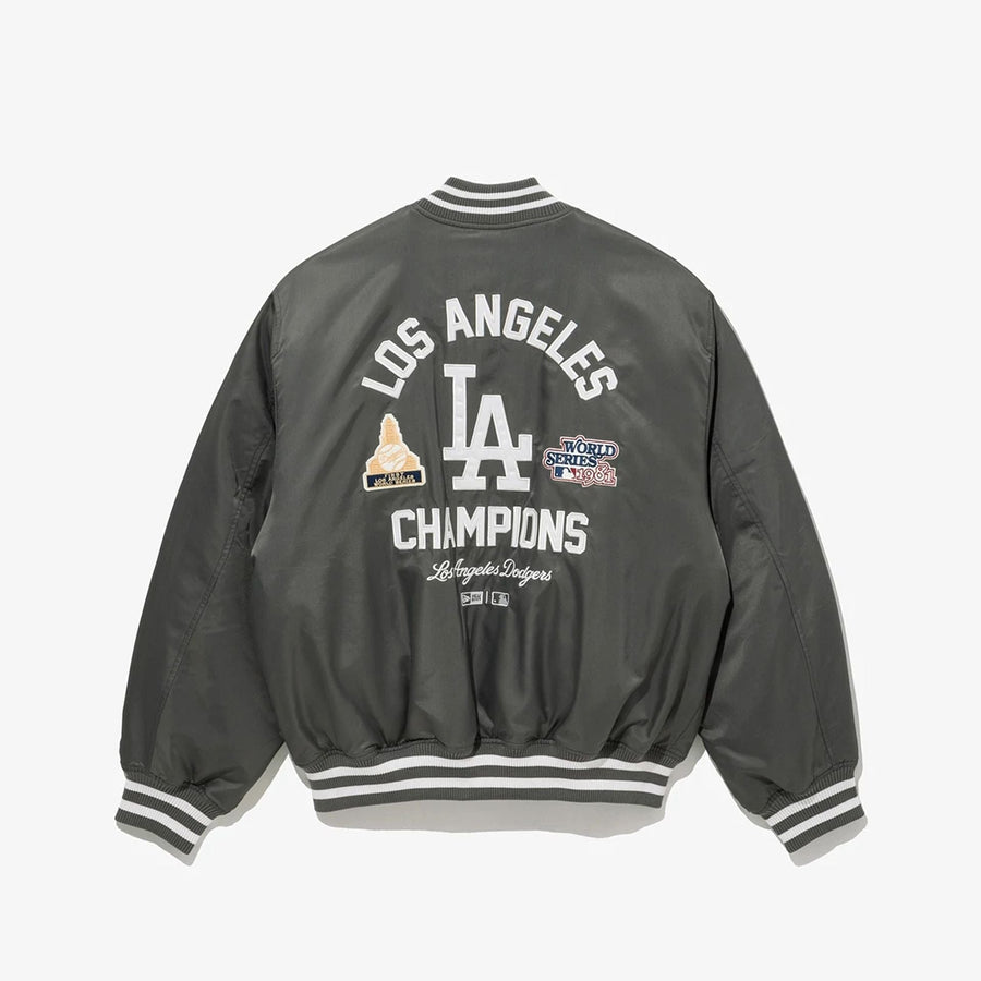 The Male model is wearing LA Dodgers MLB Grey Stadium Jacket  2