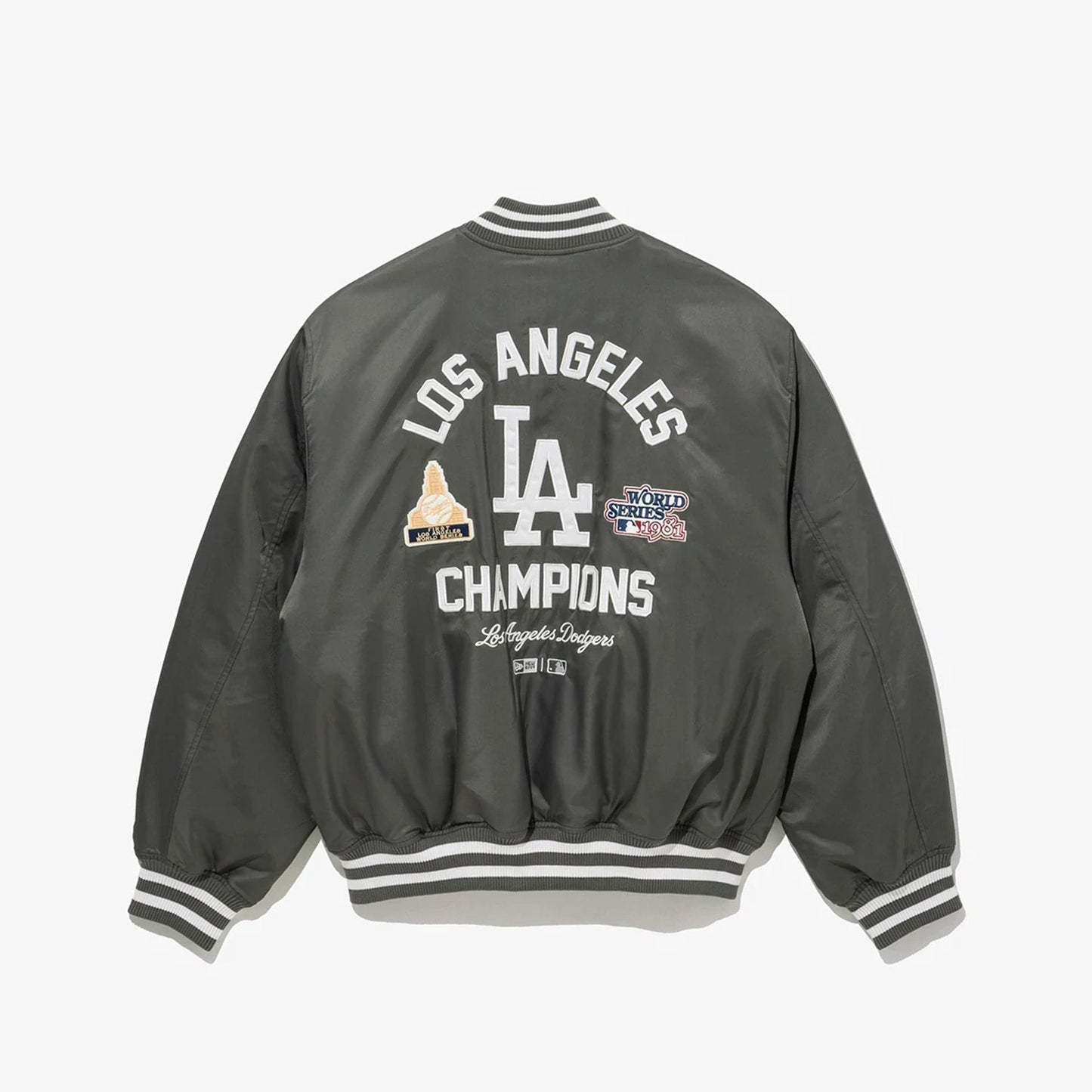 The Male model is wearing LA Dodgers MLB Grey Stadium Jacket  2