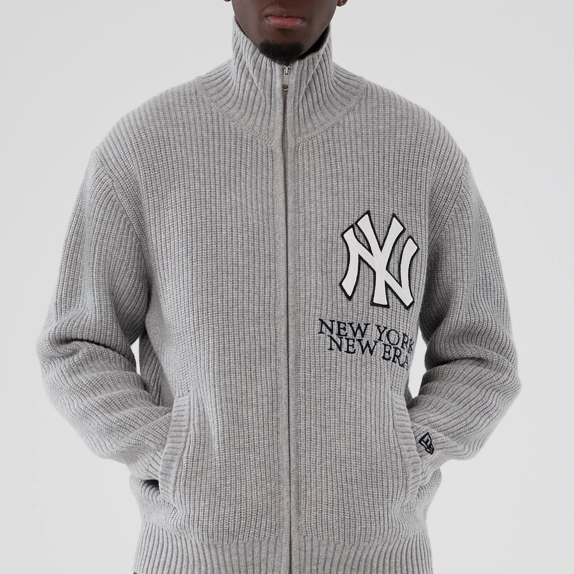 The Male model is wearing New York Yankees MLB Grey Cardigan 7