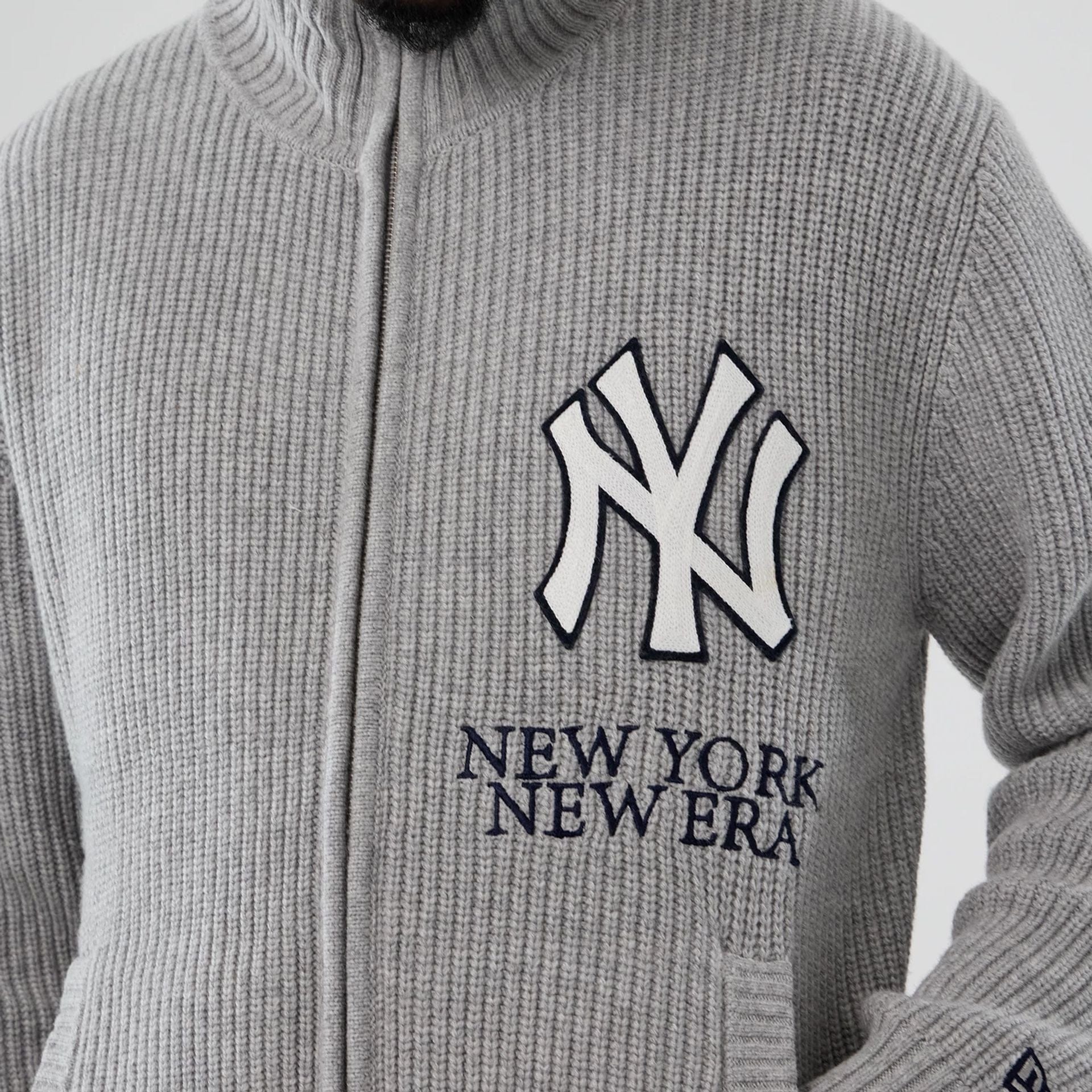 The Male model is wearing New York Yankees MLB Grey Cardigan  3