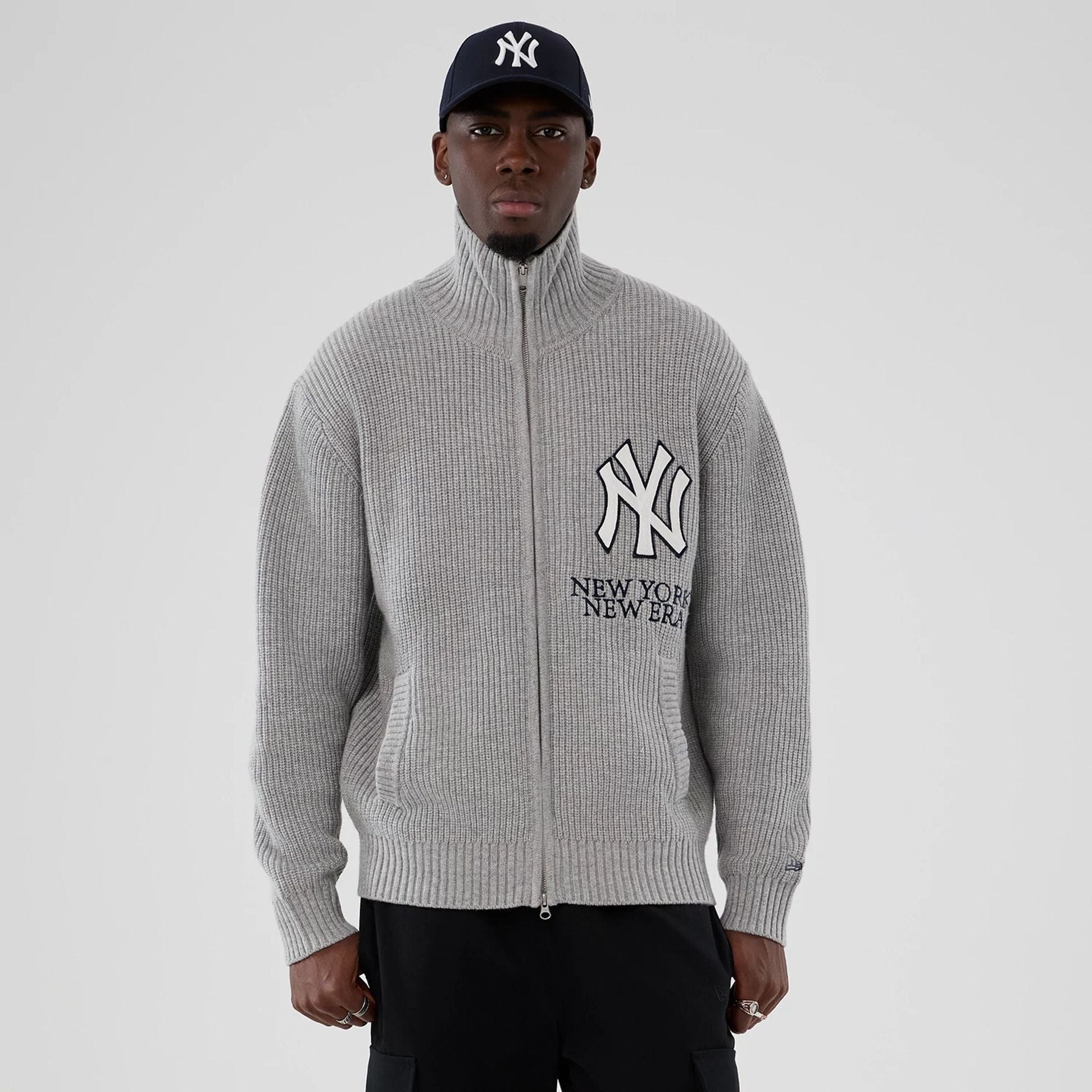 The Male model is wearing New York Yankees MLB Grey Cardigan  1