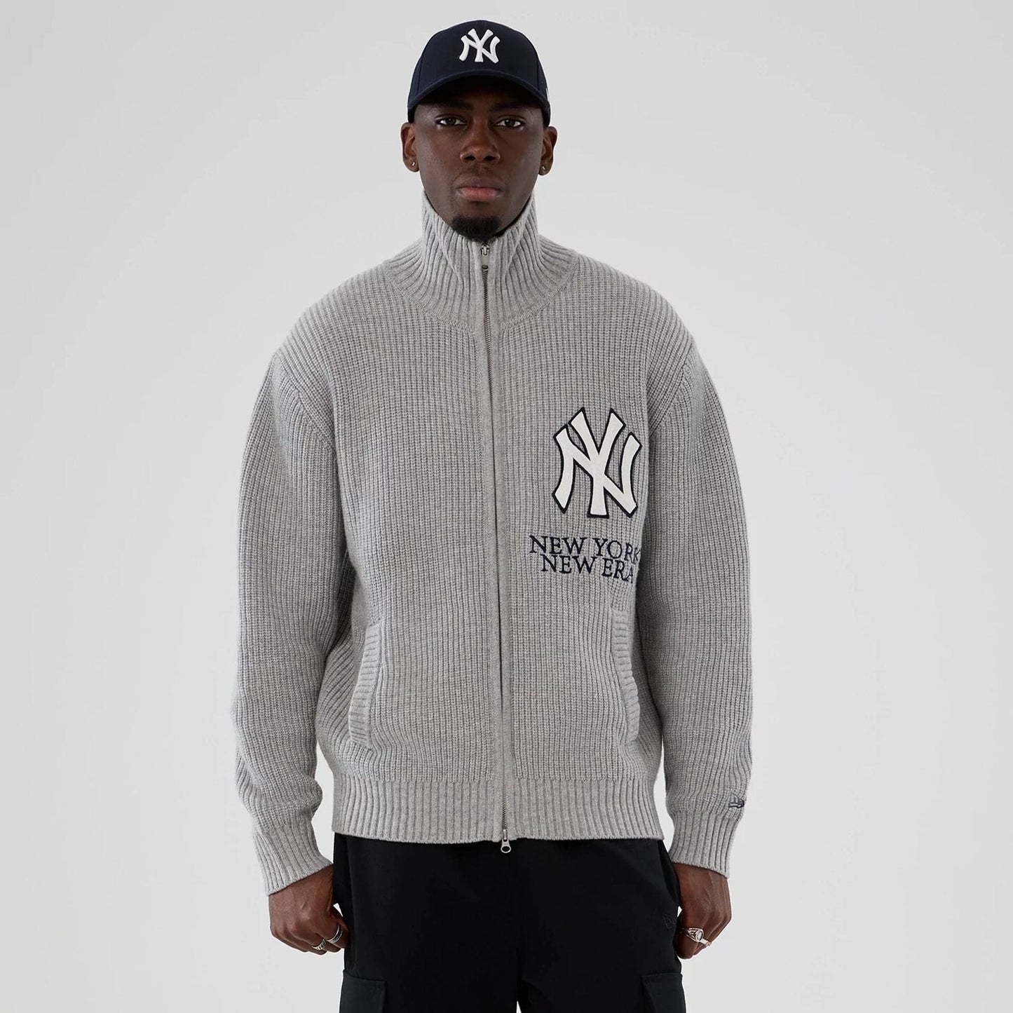 The Male model is wearing New York Yankees MLB Grey Cardigan  1